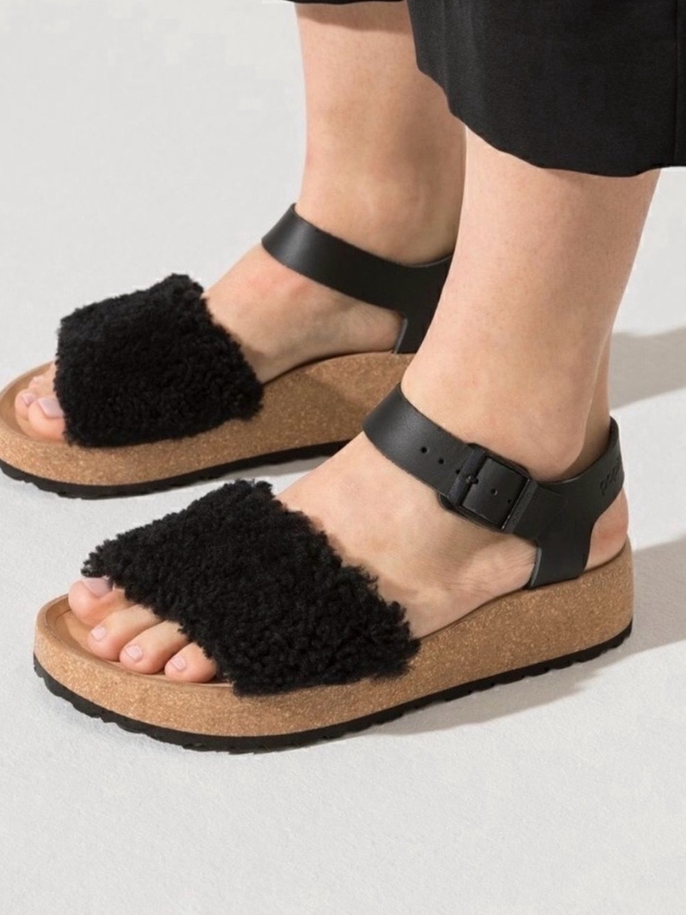 NEW Birkenstock Papillio Glenda Black Teddy Shearling Leather Ankle Strap Sandal - Picture 1 of 9